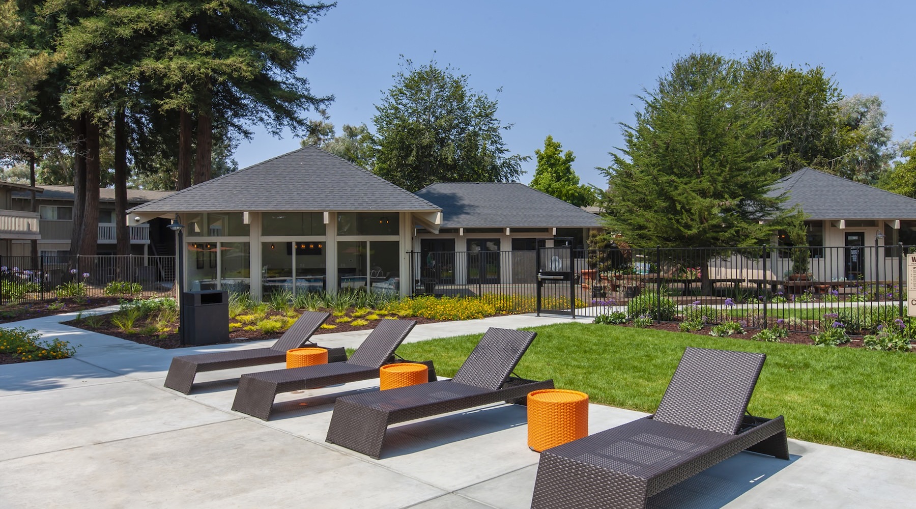 a group of lounge chairs near a grass area