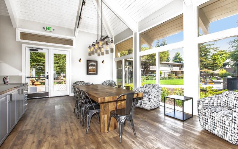 a dining room with a wood floor